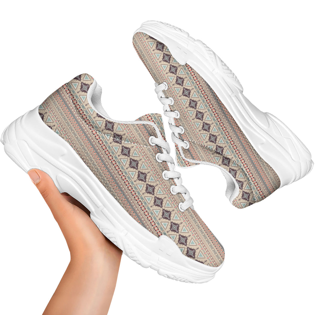 Aztec Beige Print Pattern White Chunky Shoes-grizzshop