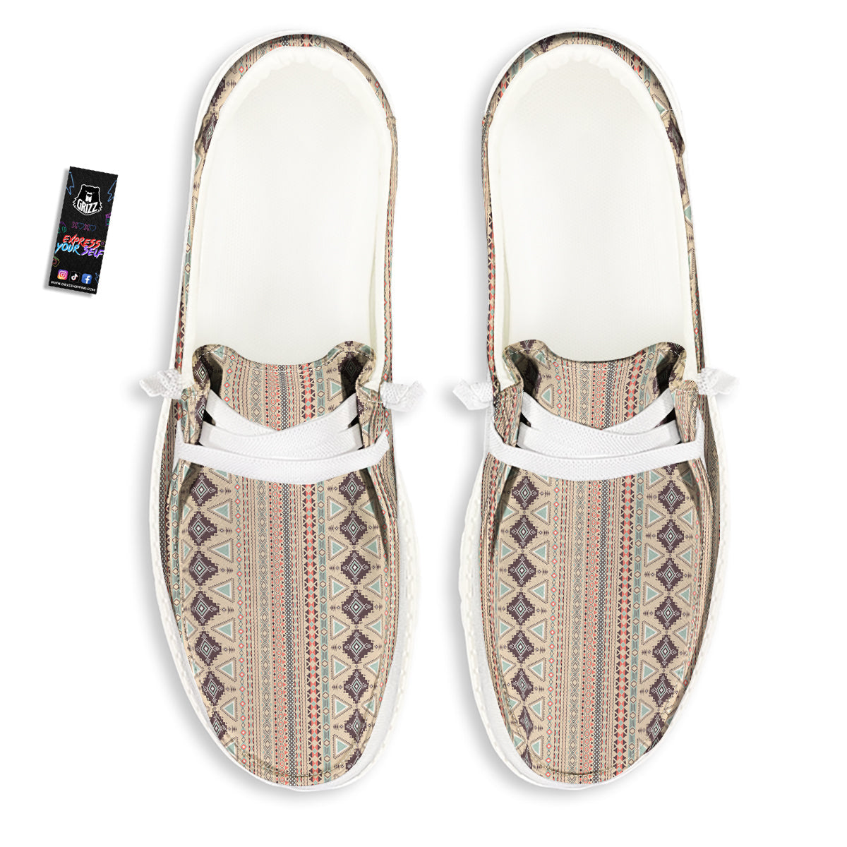 Aztec Beige Print Pattern White Loafers-grizzshop