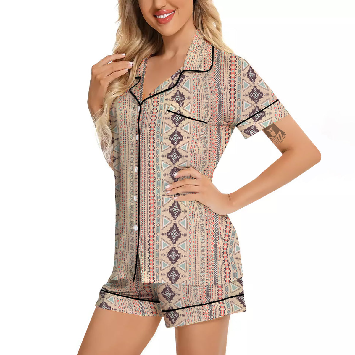 Aztec Beige Print Pattern Women Silk Pajamas-grizzshop