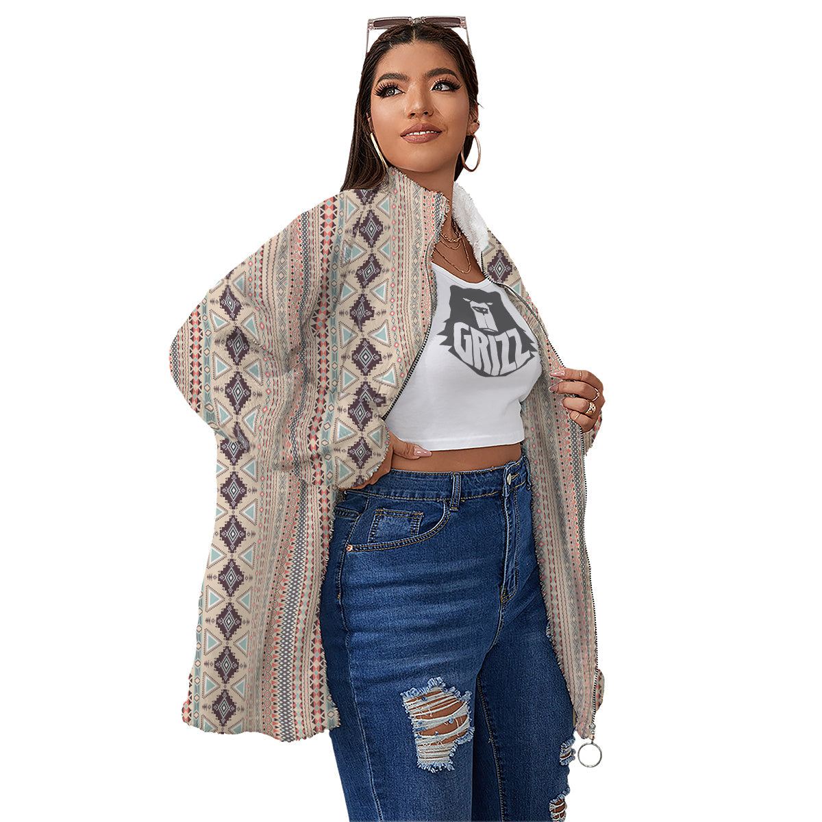 Aztec Beige Print Pattern Women's Sherpa Jacket-grizzshop