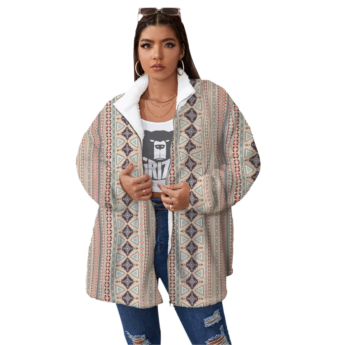 Aztec Beige Print Pattern Women's Sherpa Jacket-grizzshop