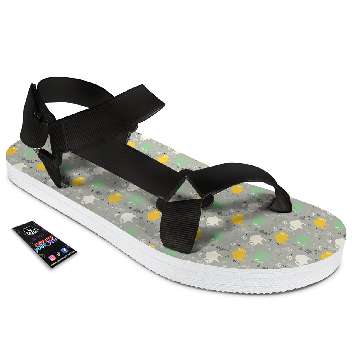 Aztec Bison Print Pattern Black Open Toe Sandals-grizzshop