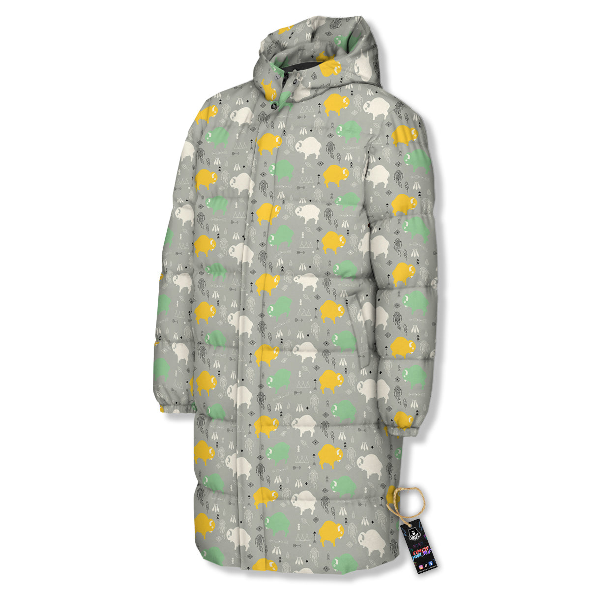 Aztec Bison Print Pattern Long Down Jacket-grizzshop