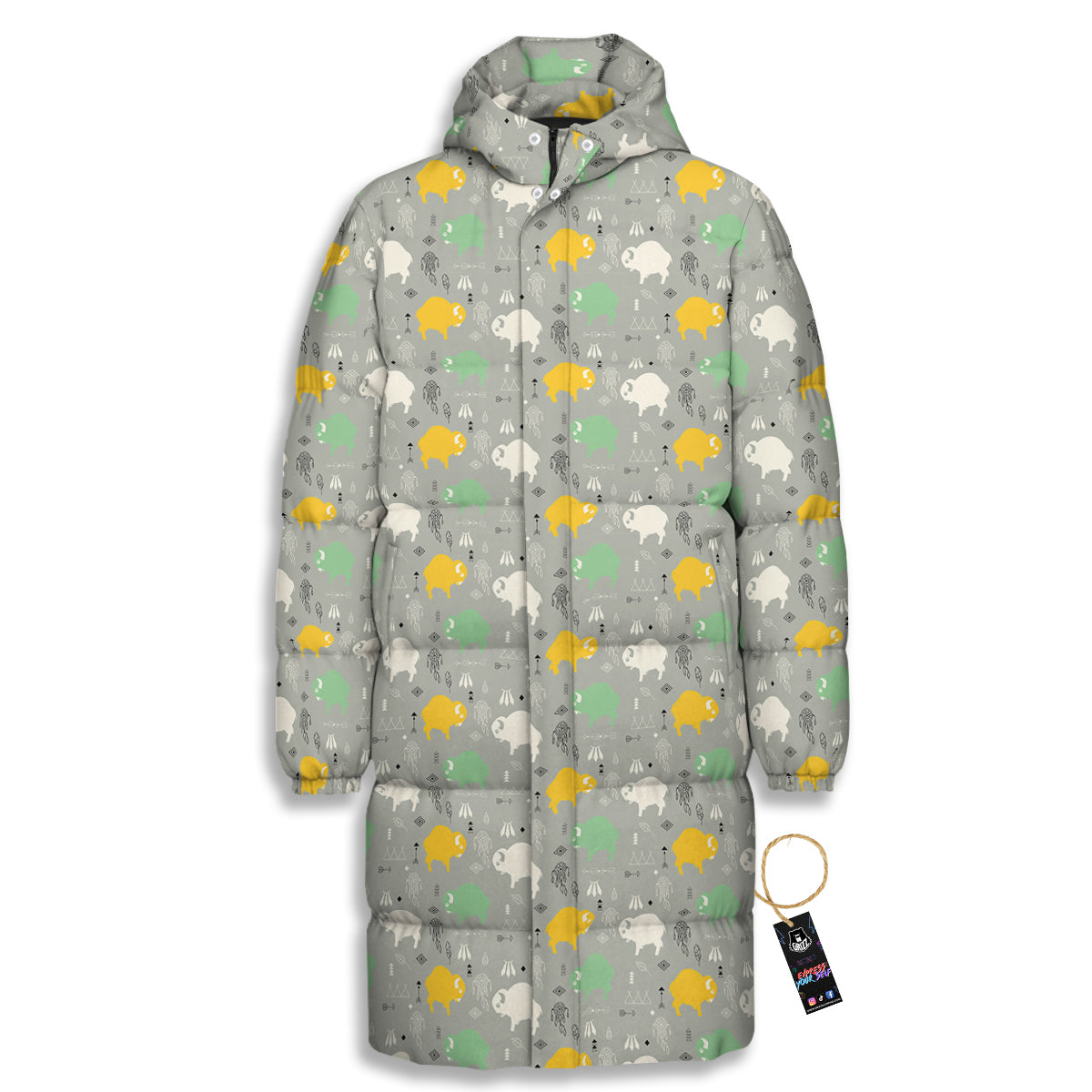 Aztec Bison Print Pattern Long Down Jacket-grizzshop