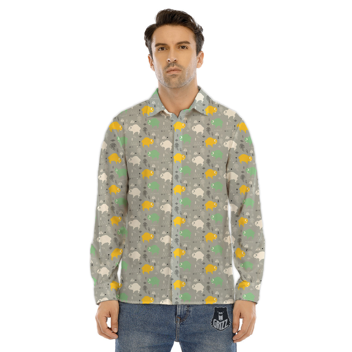 Aztec Bison Print Pattern Men's Dress Shirts-grizzshop