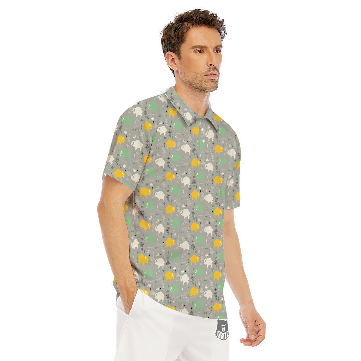 Aztec Bison Print Pattern Men's Golf Shirts-grizzshop