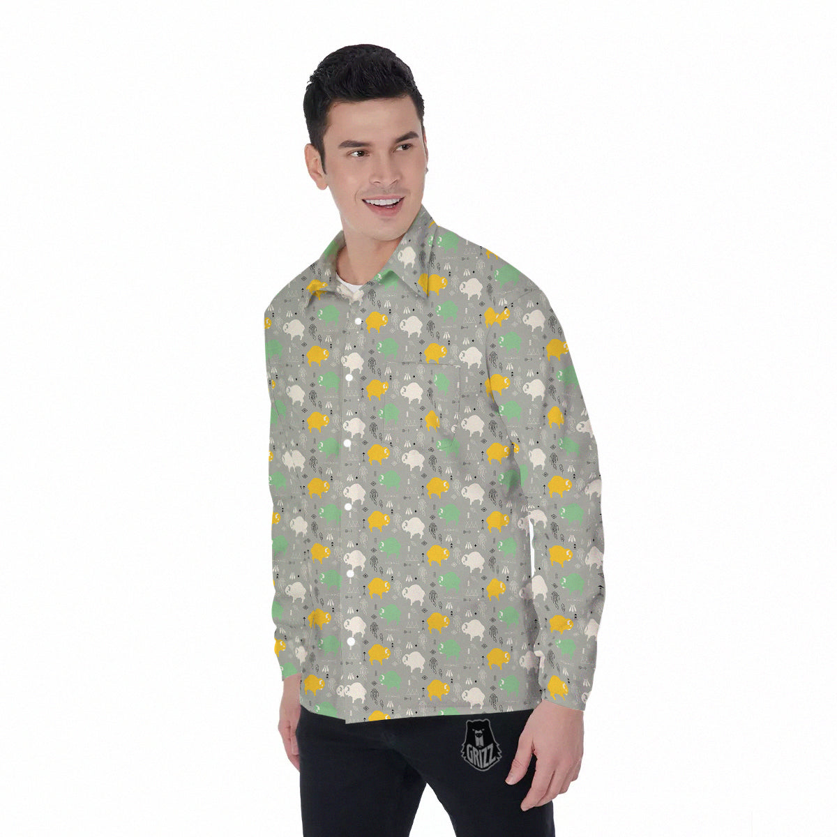 Aztec Bison Print Pattern Men's Long Sleeve Shirts-grizzshop