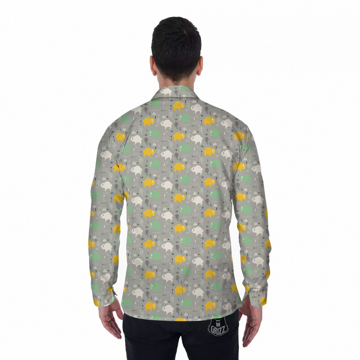 Aztec Bison Print Pattern Men's Long Sleeve Shirts-grizzshop