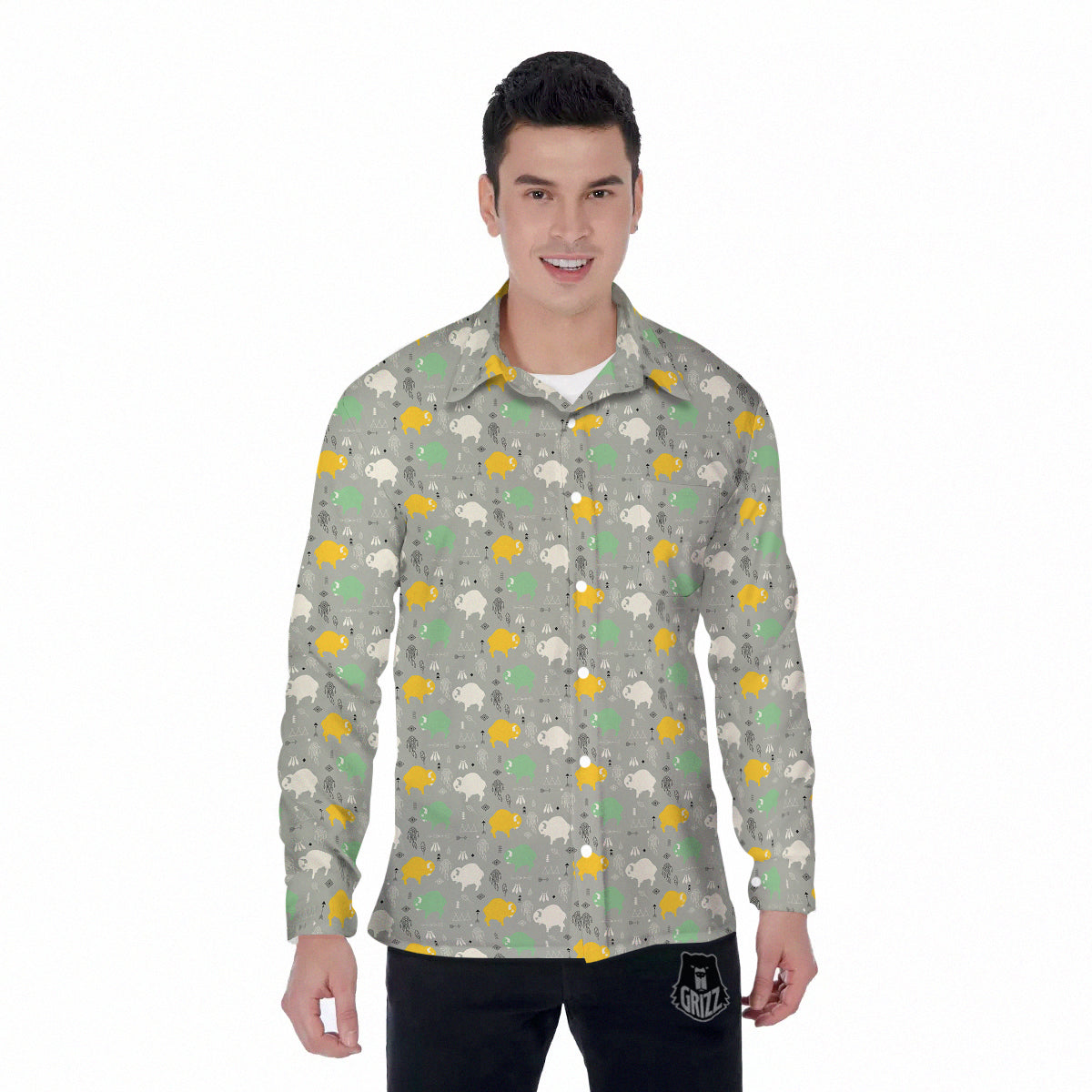 Aztec Bison Print Pattern Men's Long Sleeve Shirts-grizzshop