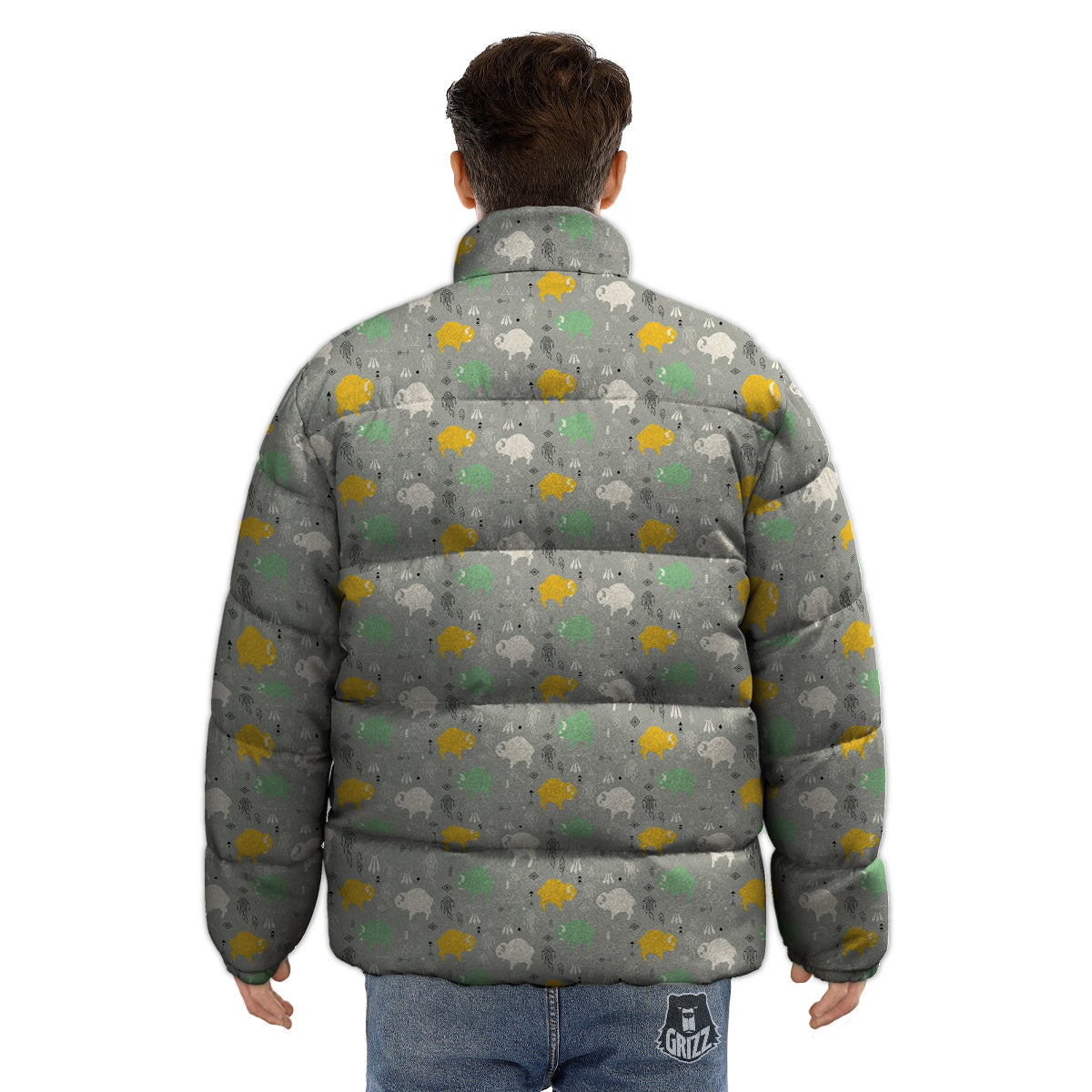 Aztec Bison Print Pattern Puffer Jacket-grizzshop