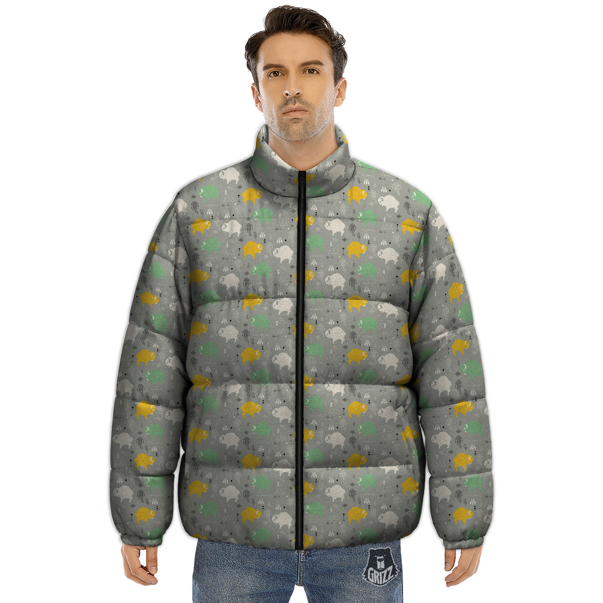 Aztec Bison Print Pattern Puffer Jacket-grizzshop