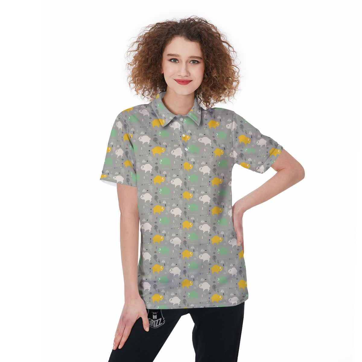 Aztec Bison Print Pattern Women's Golf Shirts-grizzshop