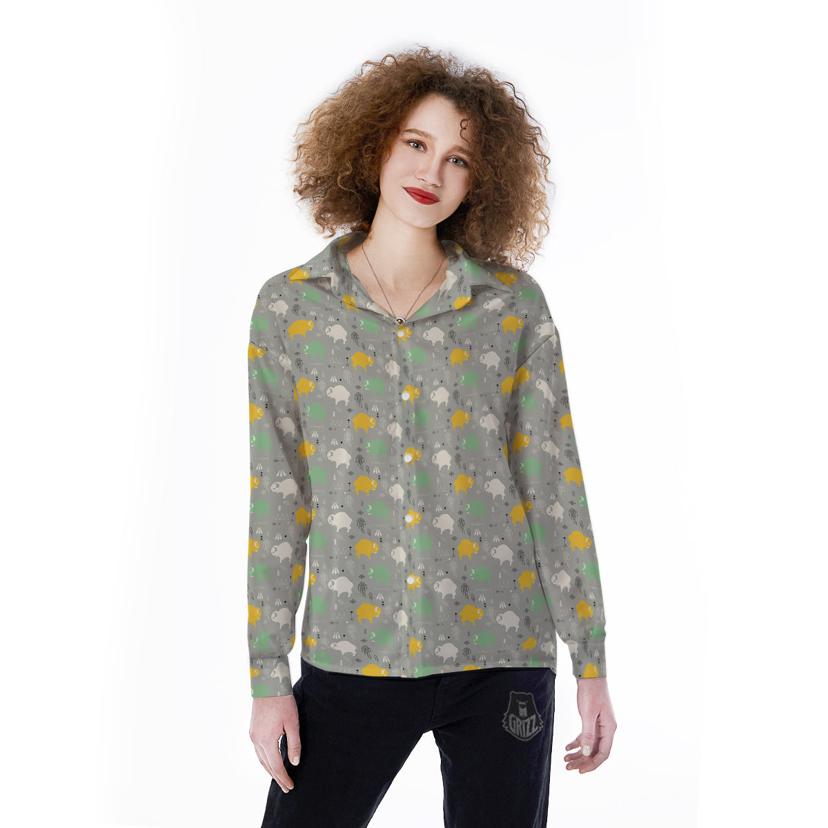 Aztec Bison Print Pattern Women's Long Sleeve Shirts-grizzshop