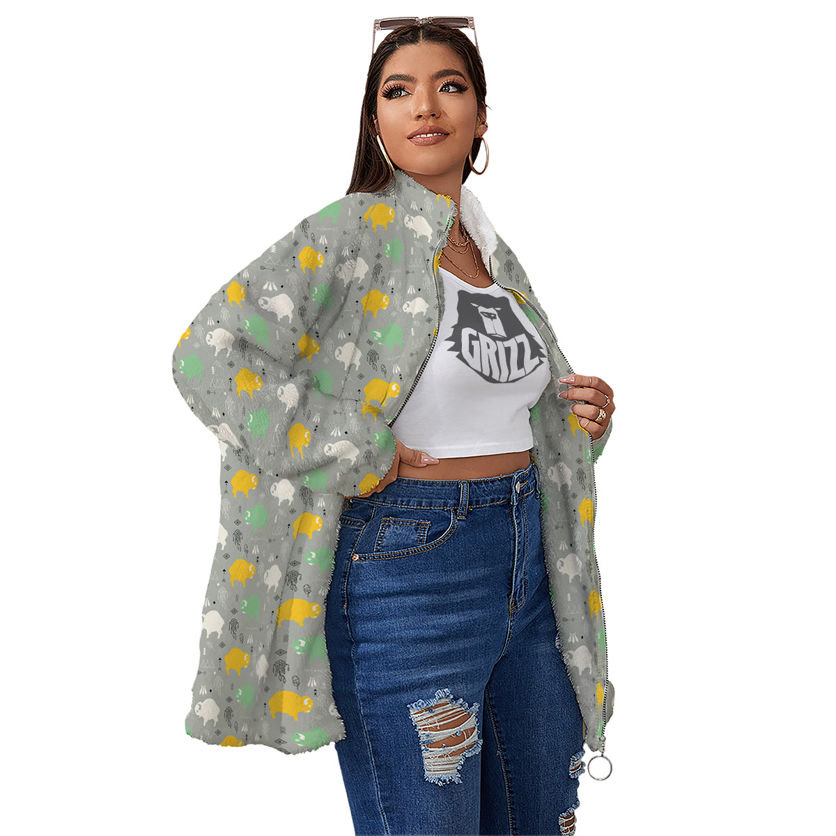 Aztec Bison Print Pattern Women's Sherpa Jacket-grizzshop