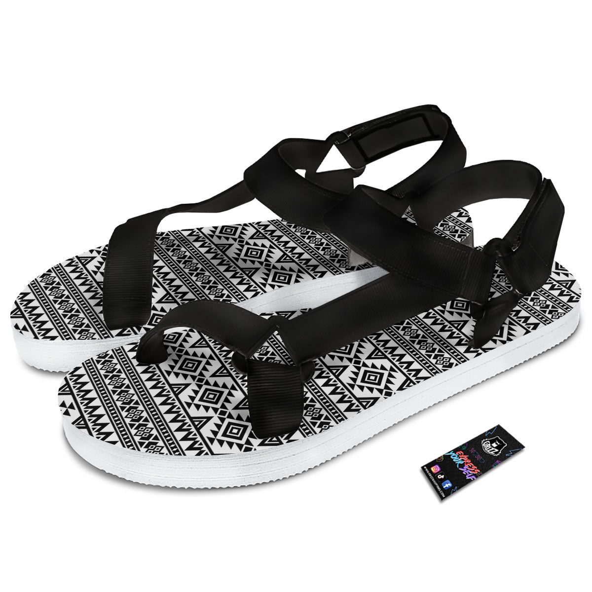 Aztec Black Ethnic Print Pattern Black Open Toe Sandals-grizzshop