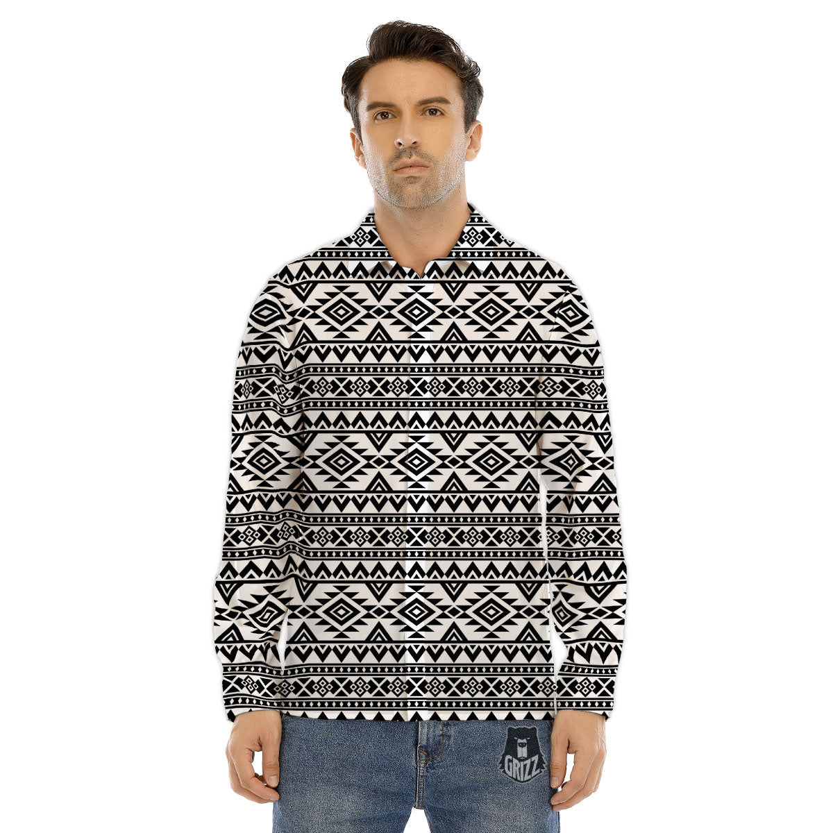 Aztec Black Ethnic Print Pattern Men's Dress Shirts-grizzshop