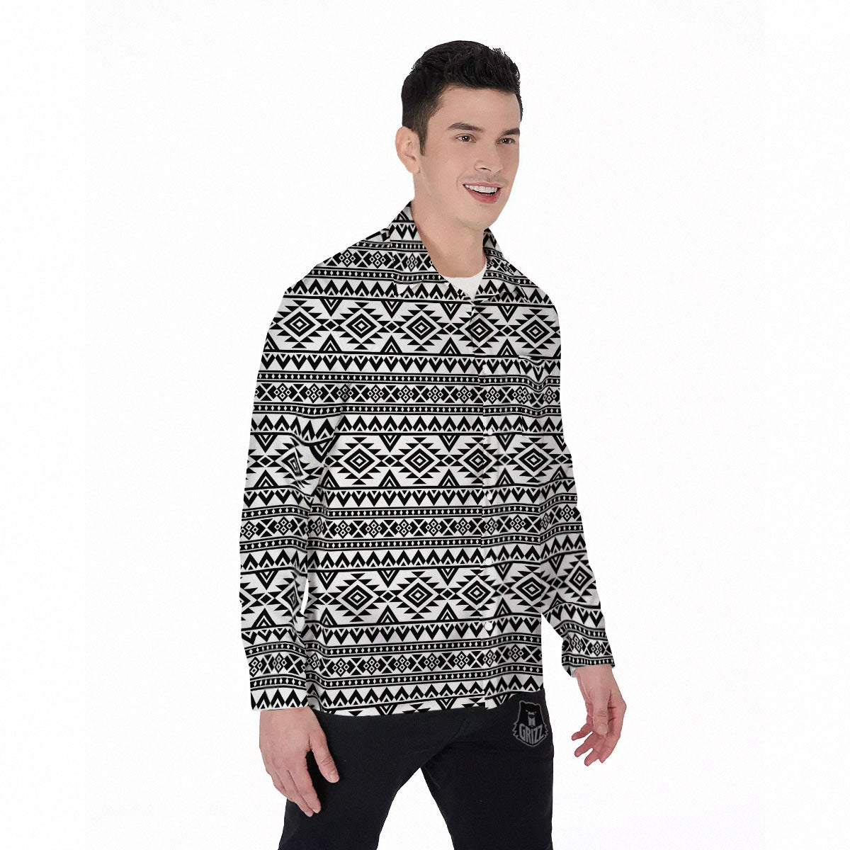 Aztec Black Ethnic Print Pattern Men's Long Sleeve Shirts-grizzshop