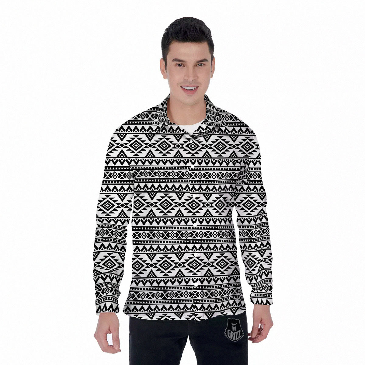 Aztec Black Ethnic Print Pattern Men's Long Sleeve Shirts-grizzshop