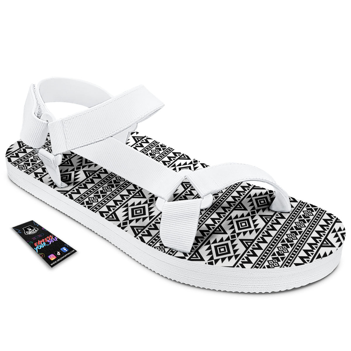 Aztec Black Ethnic Print Pattern White Open Toe Sandals-grizzshop