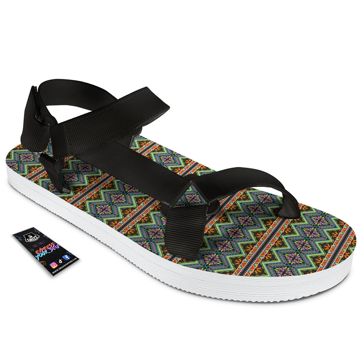 Aztec Boho Tribal Print Pattern Black Open Toe Sandals-grizzshop