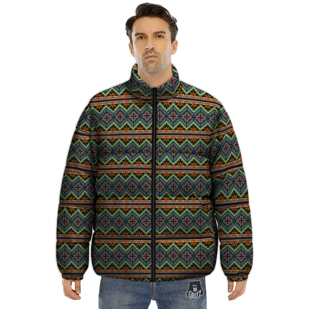 Aztec Boho Tribal Print Pattern Puffer Jacket-grizzshop