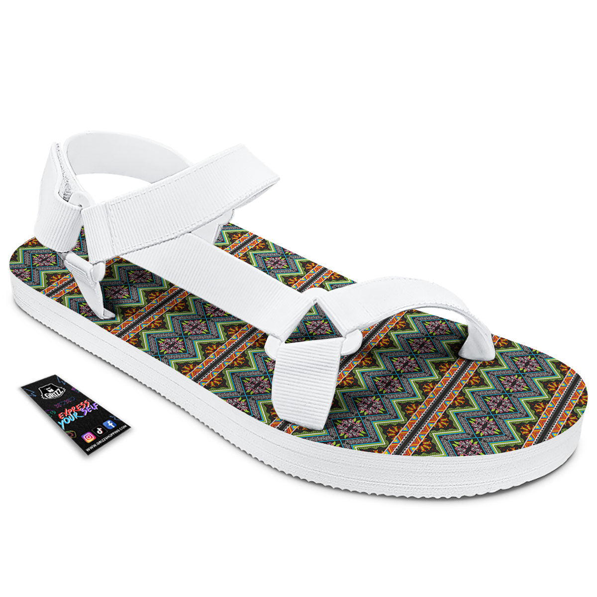 Aztec Boho Tribal Print Pattern White Open Toe Sandals-grizzshop