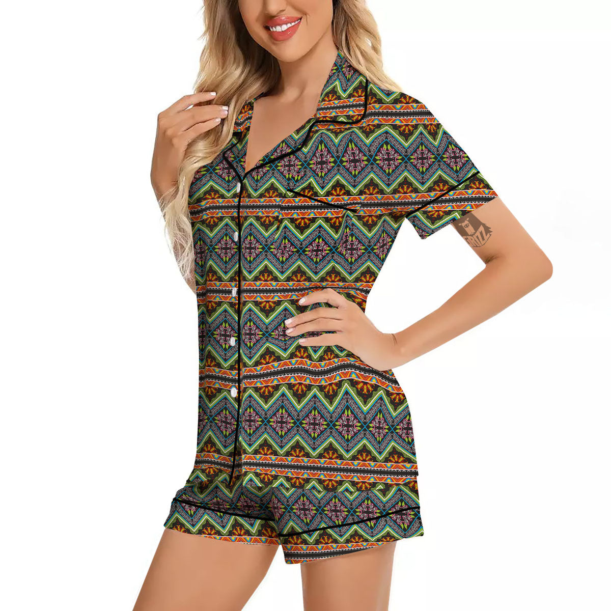 Aztec Boho Tribal Print Pattern Women Silk Pajamas-grizzshop
