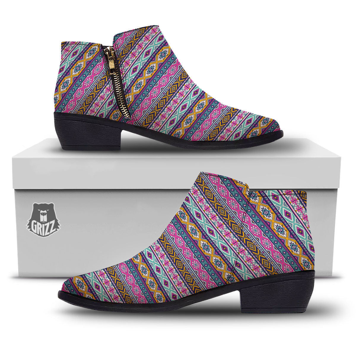 Aztec Bright Colors Print Pattern Ankle Boots-grizzshop