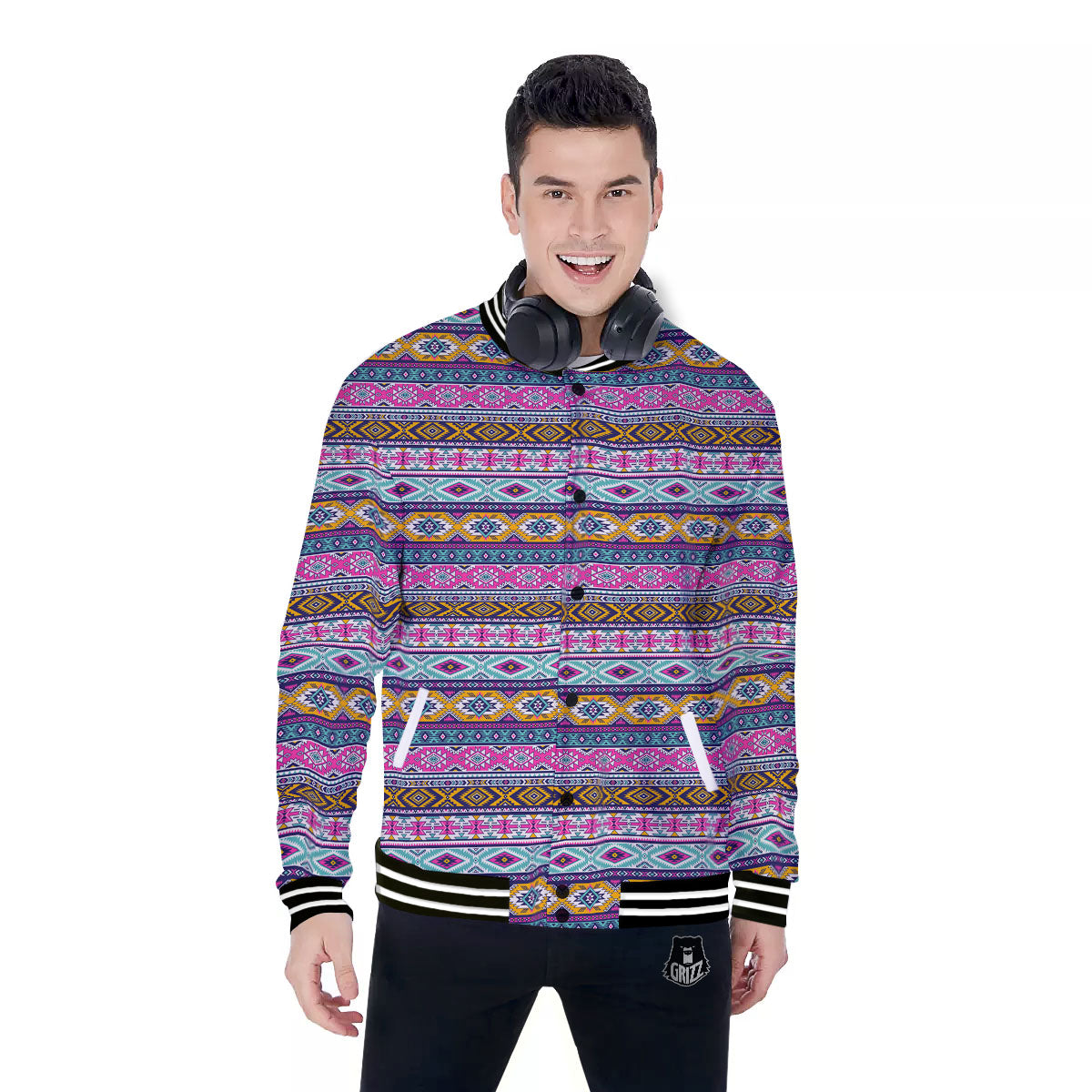 Aztec Bright Colors Print Pattern Baseball Jacket-grizzshop
