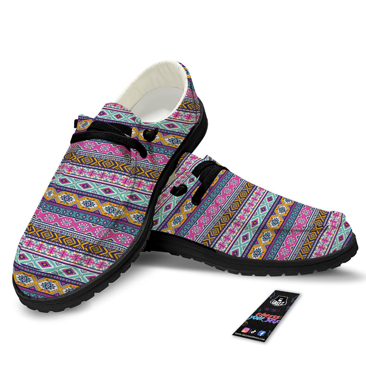 Aztec Bright Colors Print Pattern Black Loafers-grizzshop