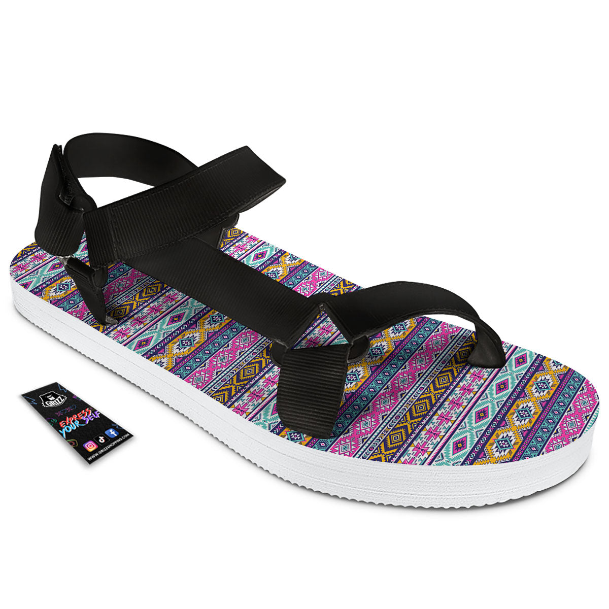 Aztec Bright Colors Print Pattern Black Open Toe Sandals-grizzshop