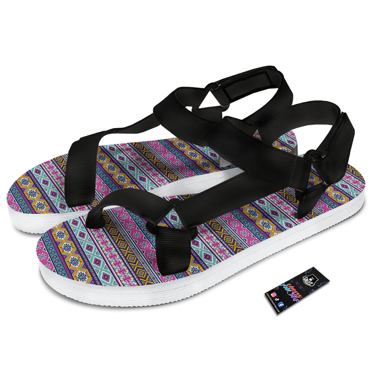 Aztec Bright Colors Print Pattern Black Open Toe Sandals-grizzshop