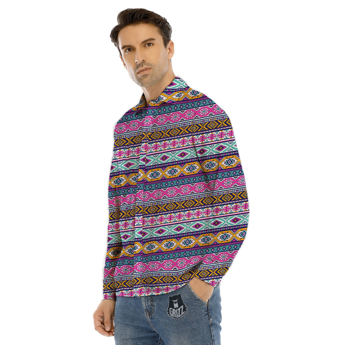 Aztec Bright Colors Print Pattern Men's Dress Shirts-grizzshop