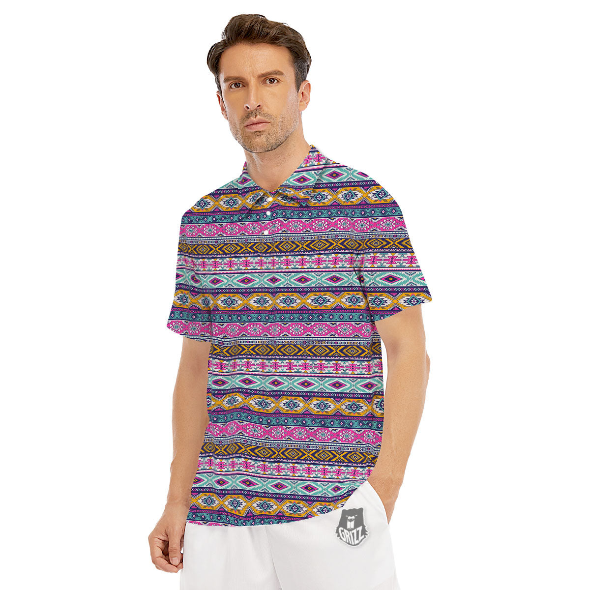Aztec Bright Colors Print Pattern Men's Golf Shirts-grizzshop