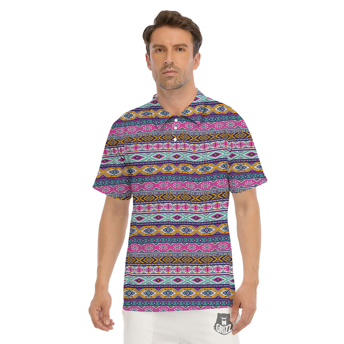 Aztec Bright Colors Print Pattern Men's Golf Shirts-grizzshop