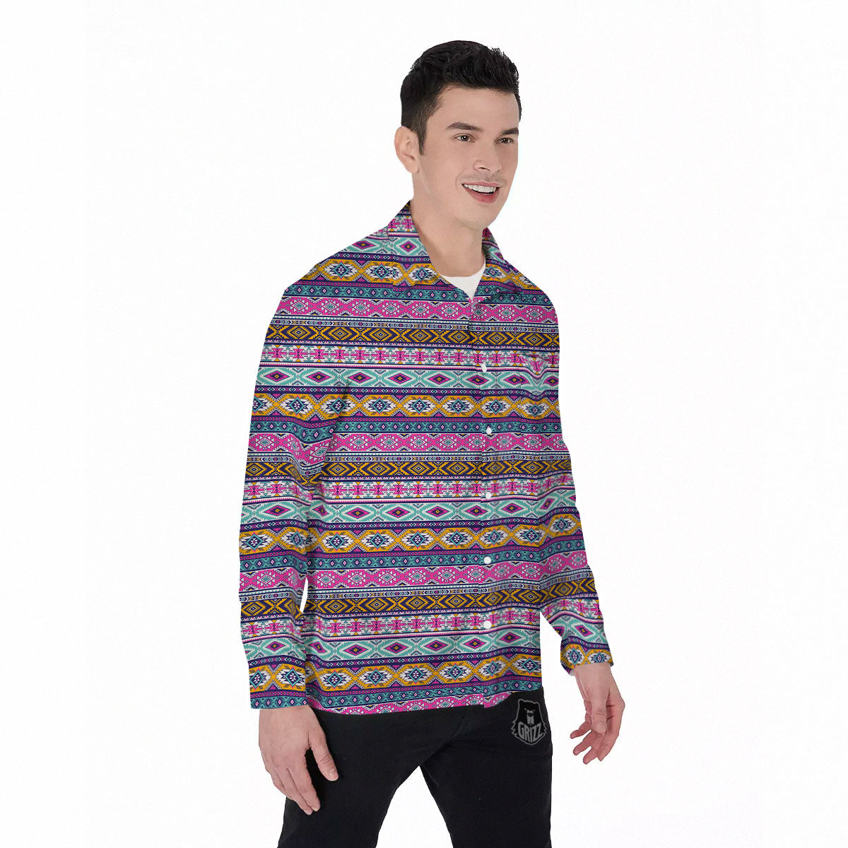 Aztec Bright Colors Print Pattern Men's Long Sleeve Shirts-grizzshop