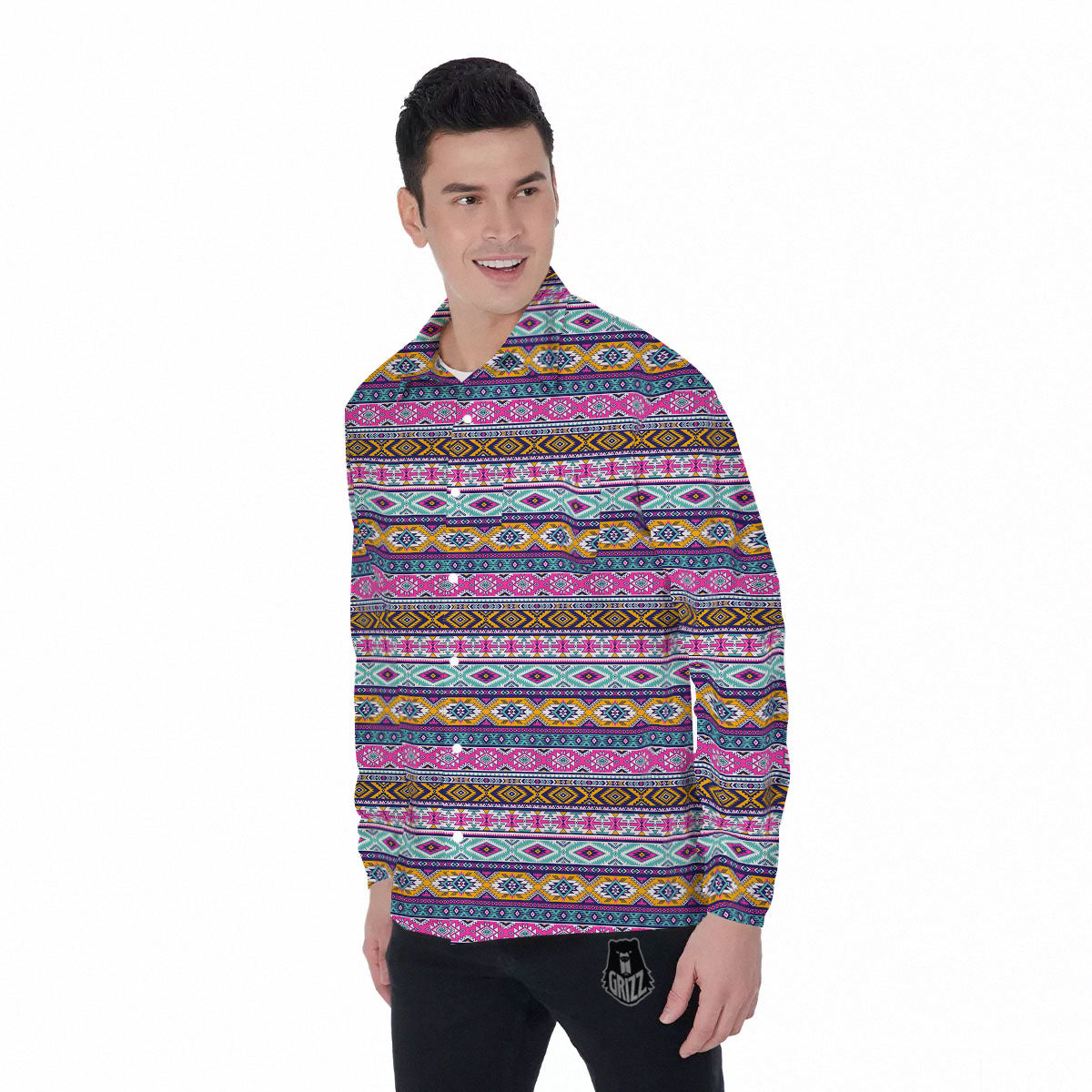 Aztec Bright Colors Print Pattern Men's Long Sleeve Shirts-grizzshop