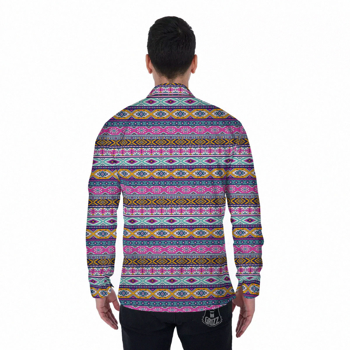 Aztec Bright Colors Print Pattern Men's Long Sleeve Shirts-grizzshop