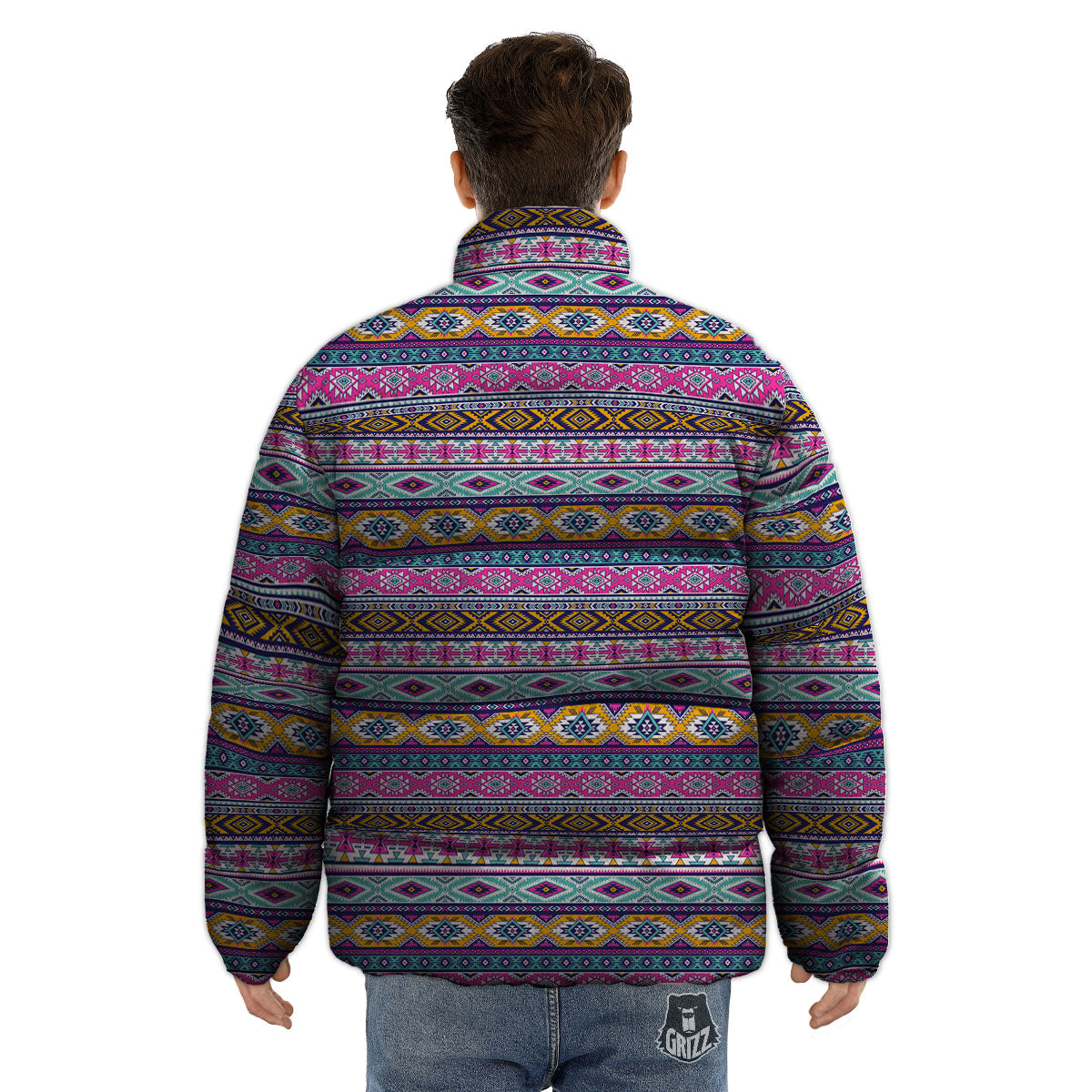 Aztec Bright Colors Print Pattern Puffer Jacket-grizzshop