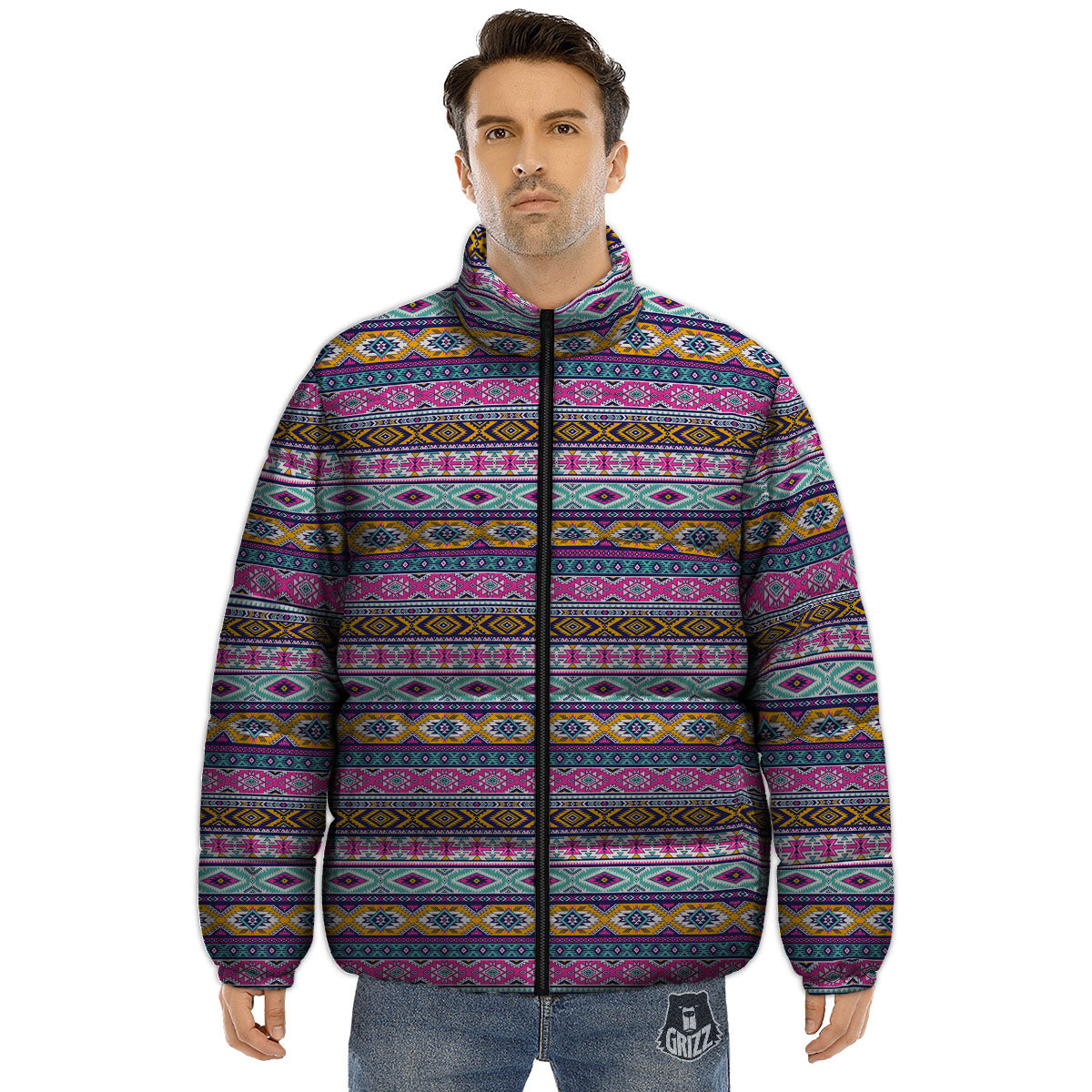 Aztec Bright Colors Print Pattern Puffer Jacket-grizzshop