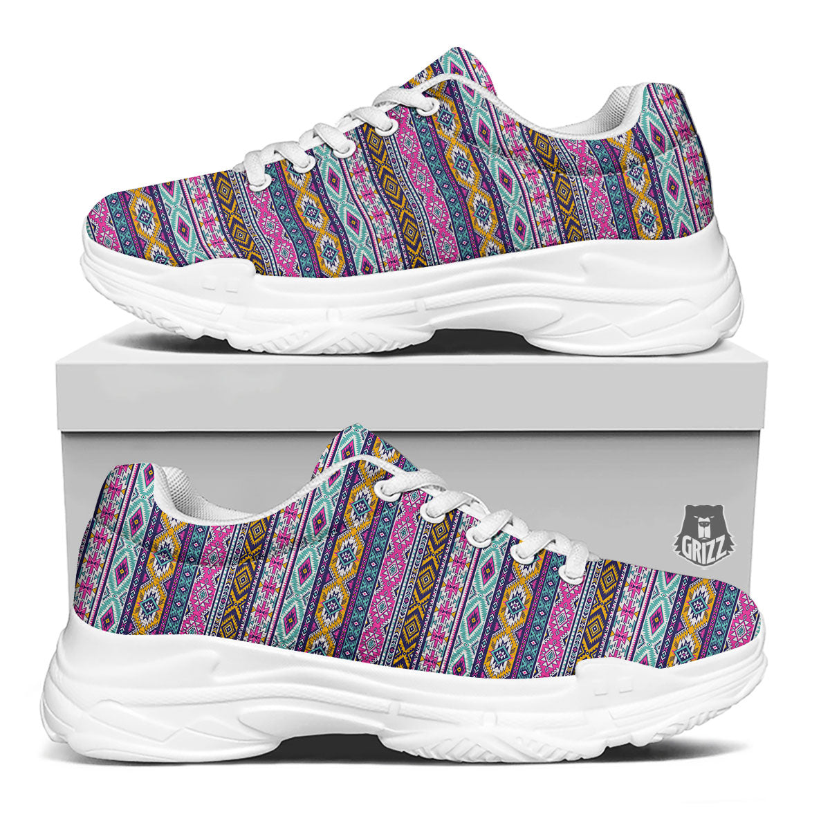Aztec Bright Colors Print Pattern White Chunky Shoes-grizzshop