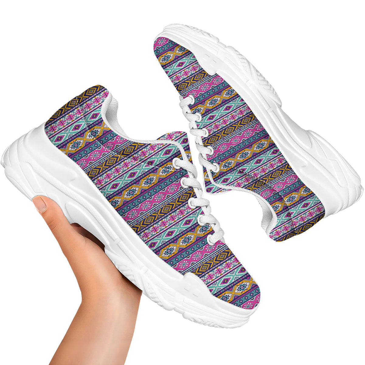Aztec Bright Colors Print Pattern White Chunky Shoes-grizzshop