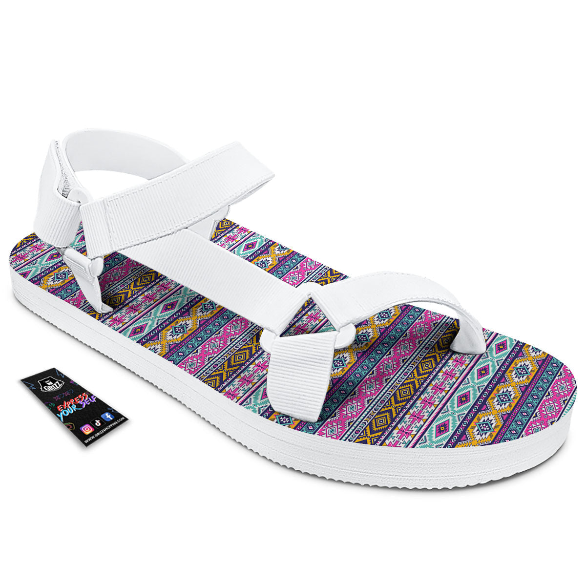 Aztec Bright Colors Print Pattern White Open Toe Sandals-grizzshop