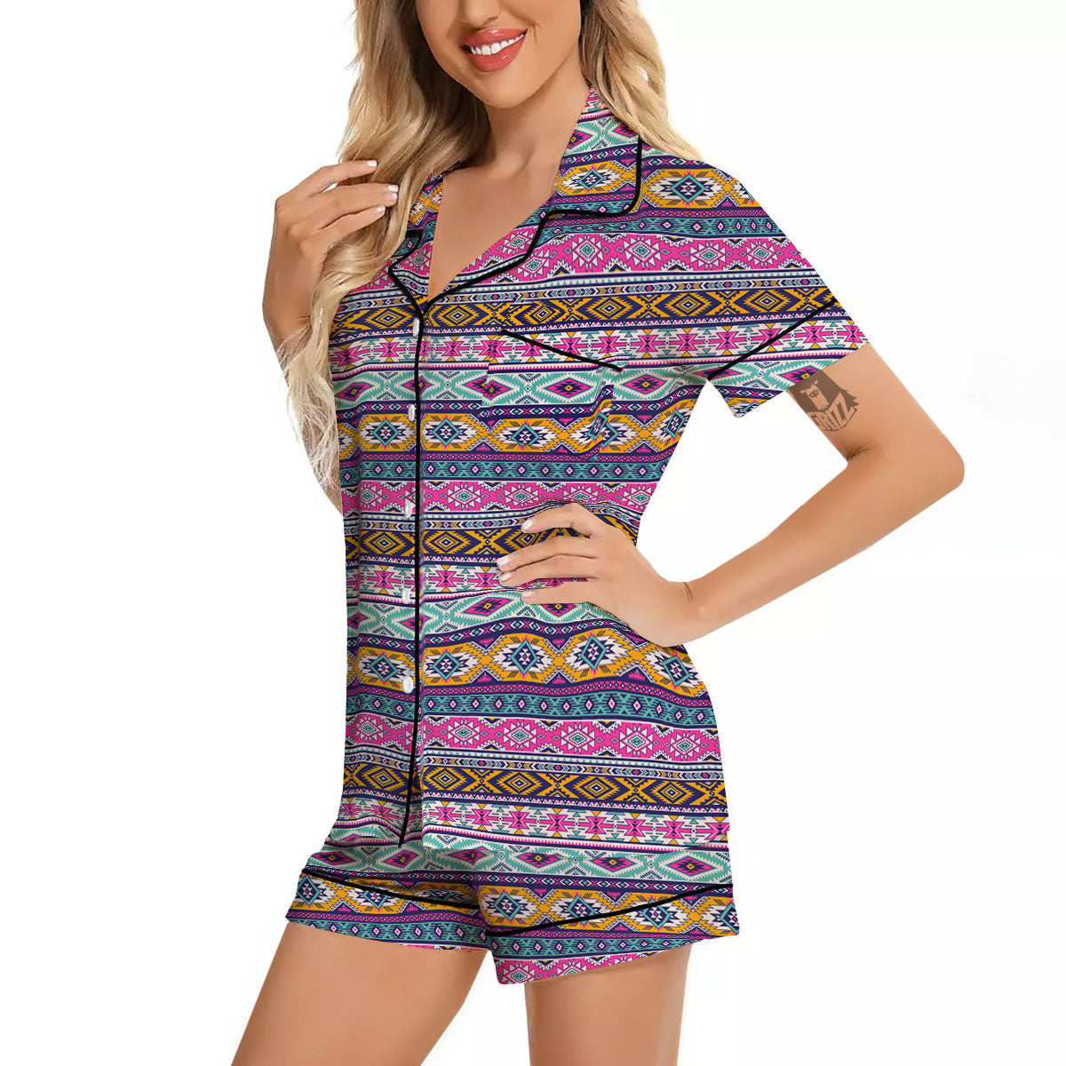 Aztec Bright Colors Print Pattern Women Silk Pajamas-grizzshop