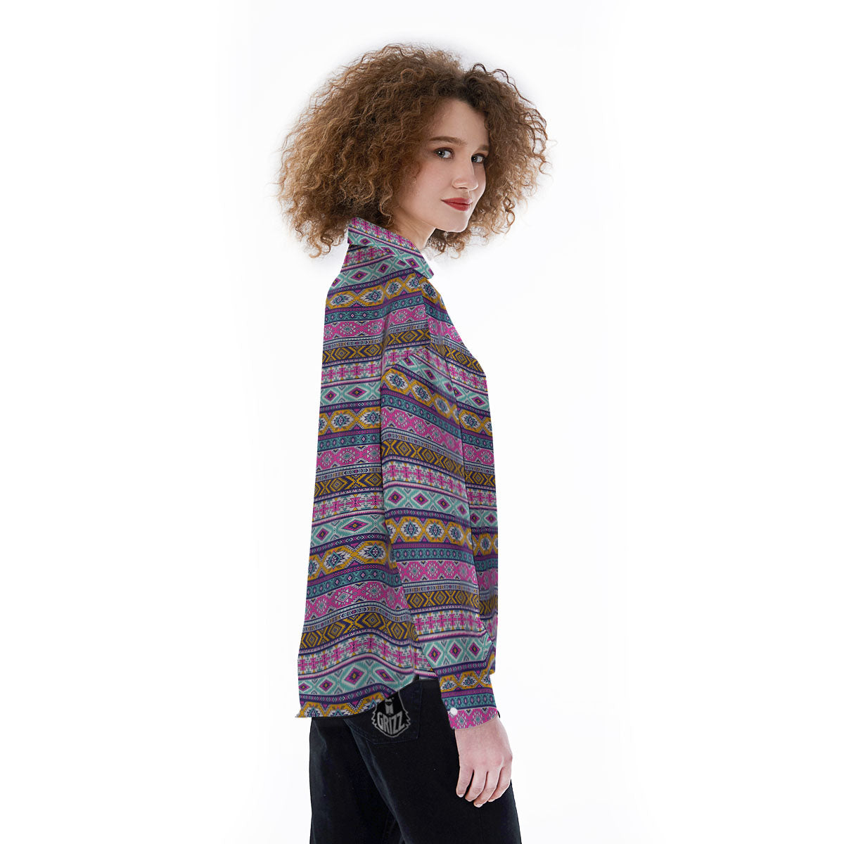 Aztec Bright Colors Print Pattern Women's Long Sleeve Shirts-grizzshop