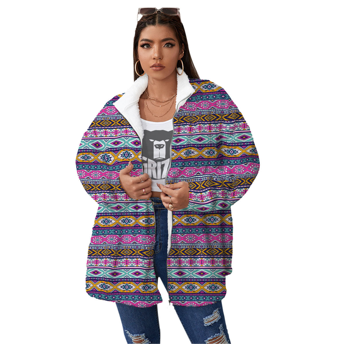 Aztec Bright Colors Print Pattern Women's Sherpa Jacket-grizzshop