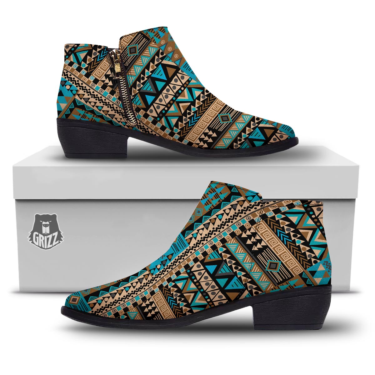 Aztec Brown And Teal Print Pattern Ankle Boots-grizzshop