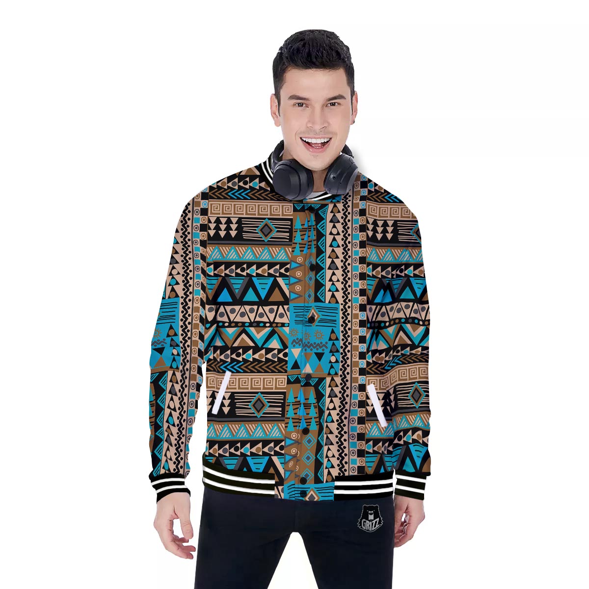 Aztec Brown And Teal Print Pattern Baseball Jacket-grizzshop