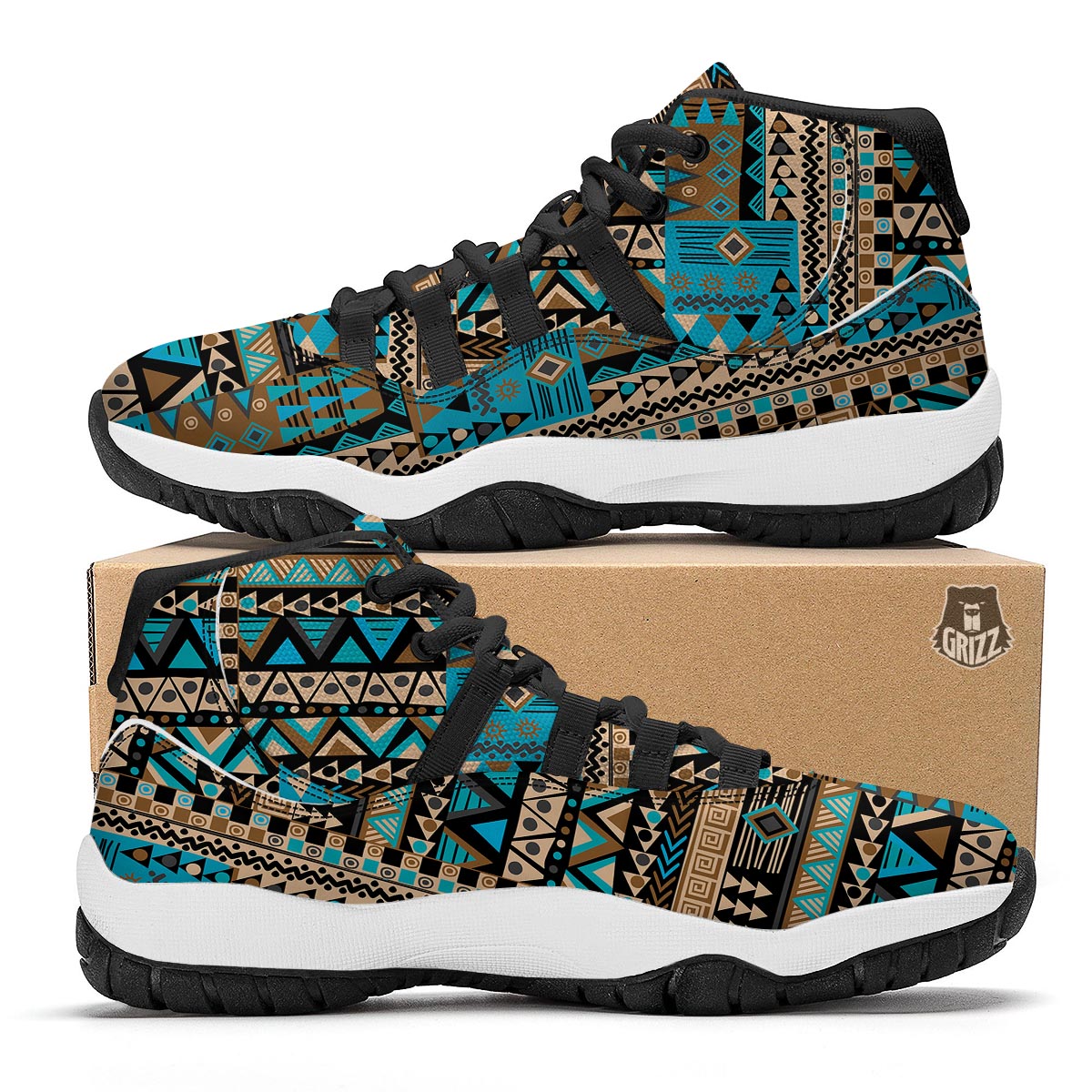 Aztec Brown And Teal Print Pattern Black Bball Shoes-grizzshop