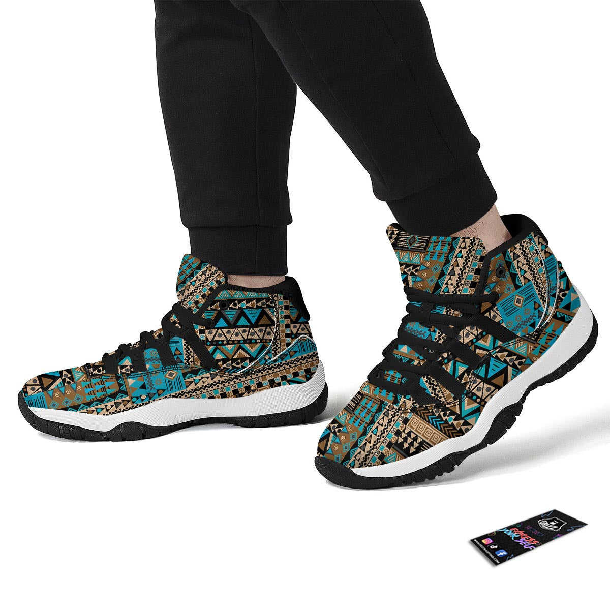 Aztec Brown And Teal Print Pattern Black Bball Shoes-grizzshop